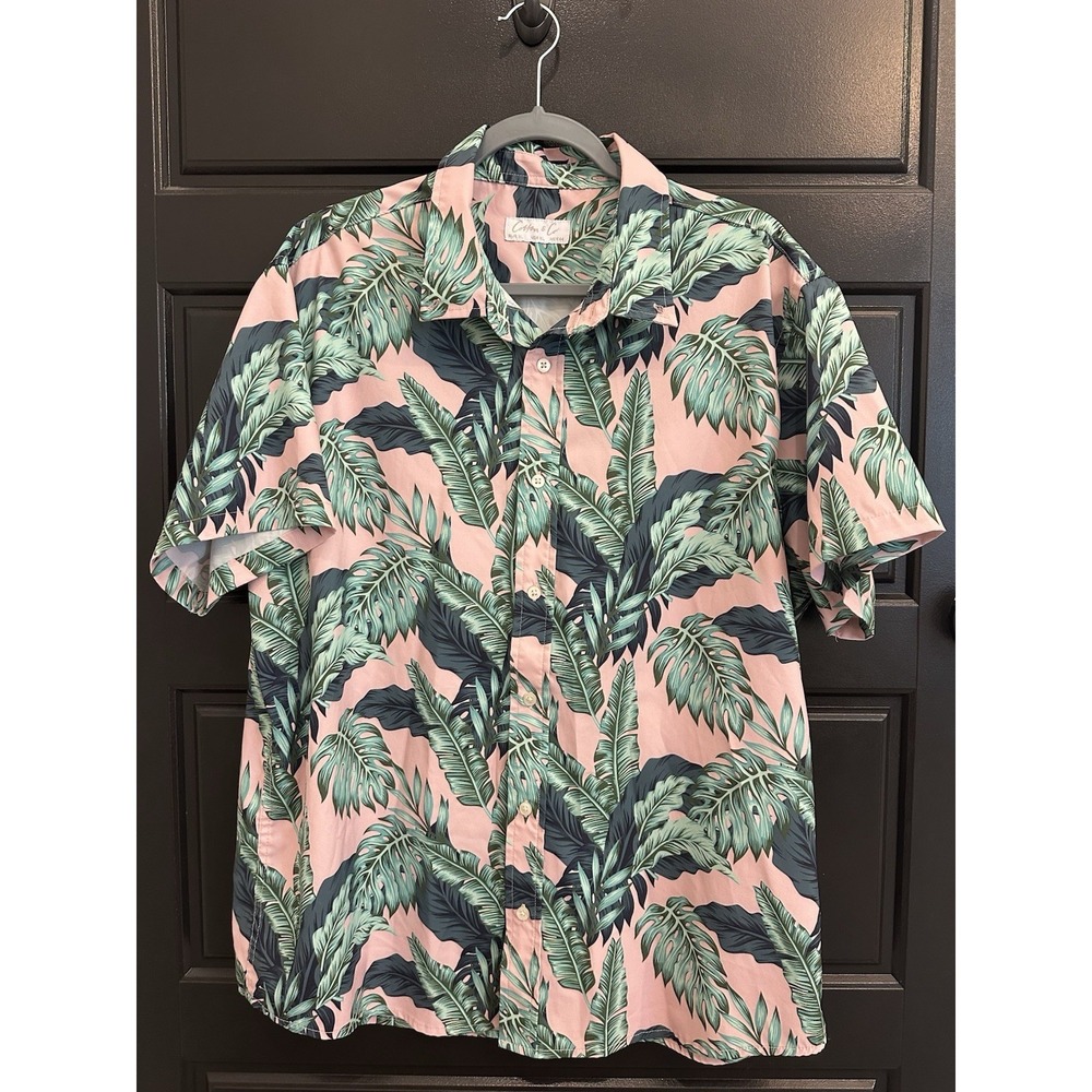 Cotton & Co Men's XL Pink Green Tropical Palm‎ Hawaiian Luau Button Shirt